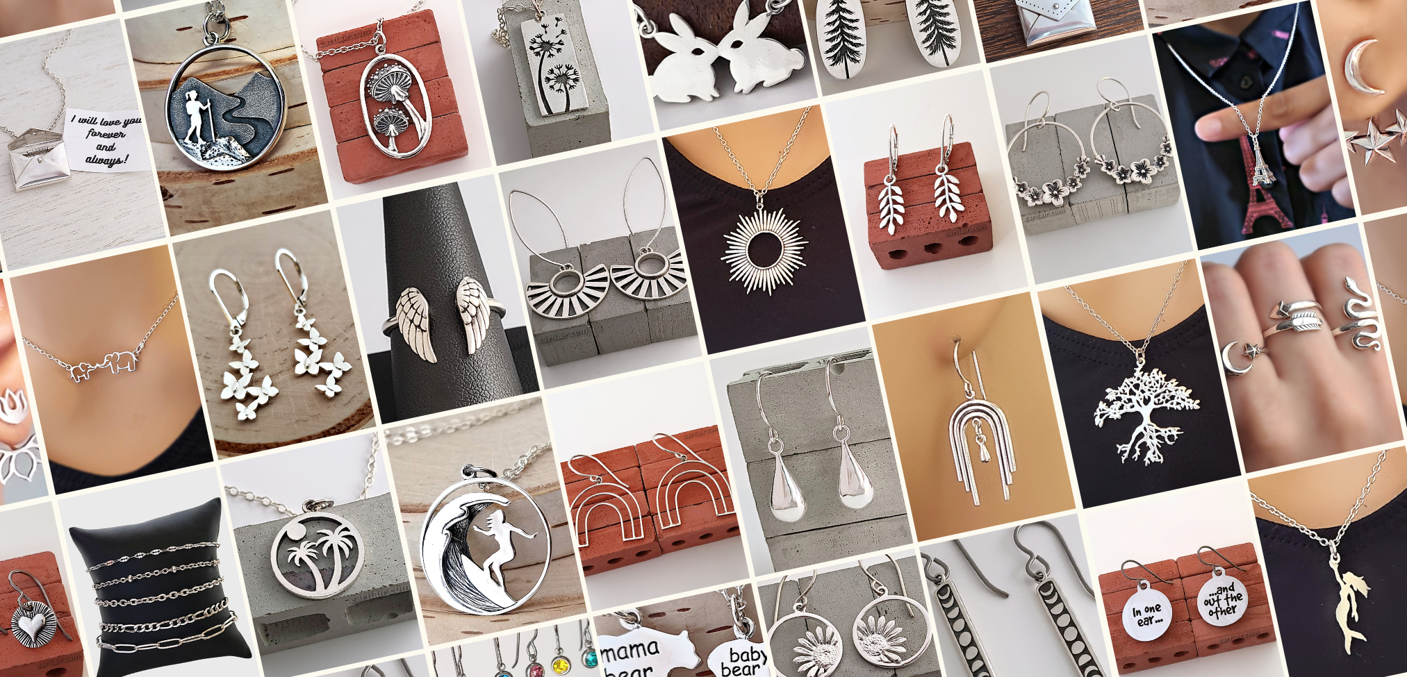 A collage of sterling silver earrings, charm necklaces, bracelets and rings.