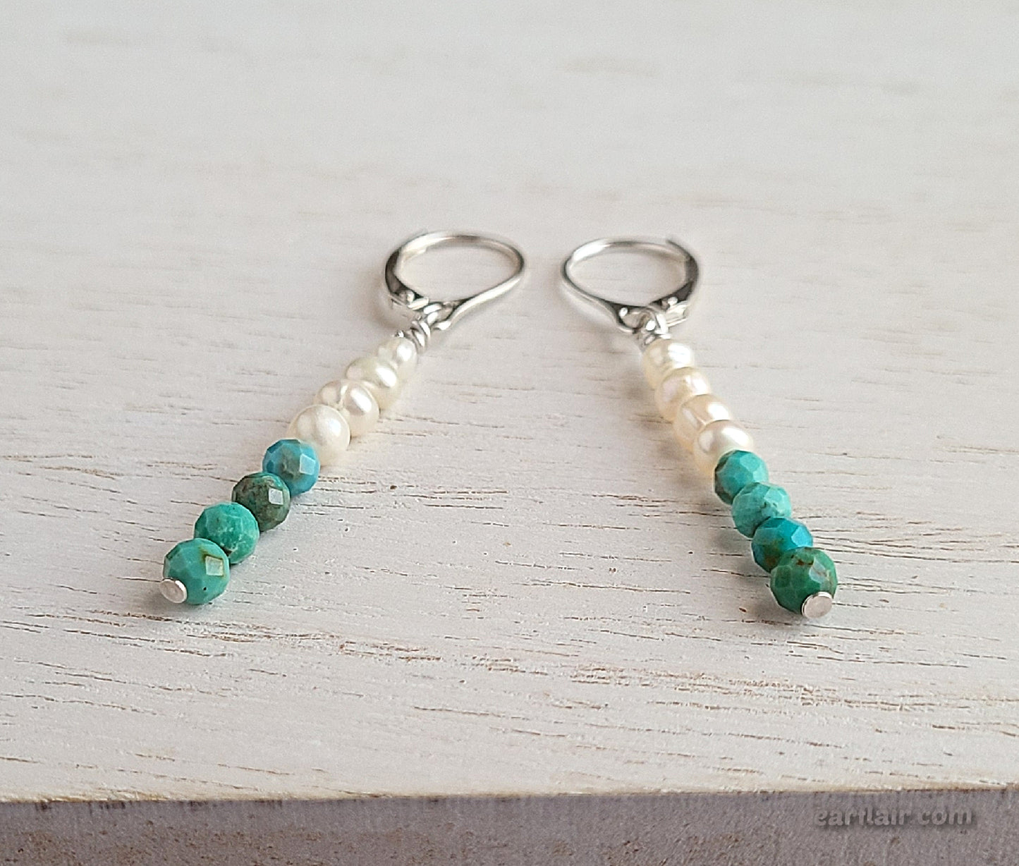 Sterling Silver Pearl & Turquoise Lever Back Earrings