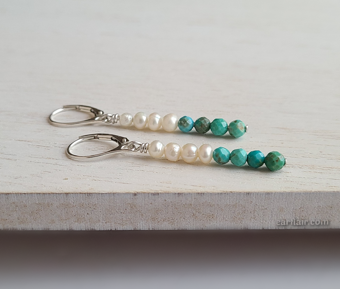 Sterling Silver Pearl & Turquoise Lever Back Earrings
