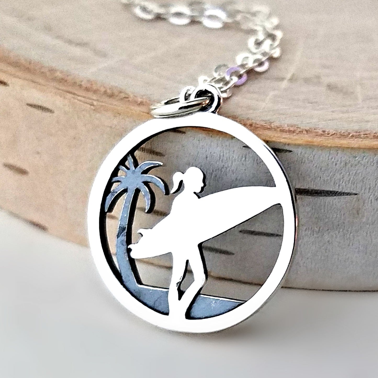 Sterling Silver Surfer Girl and Palm Tree Charm -- EF0056