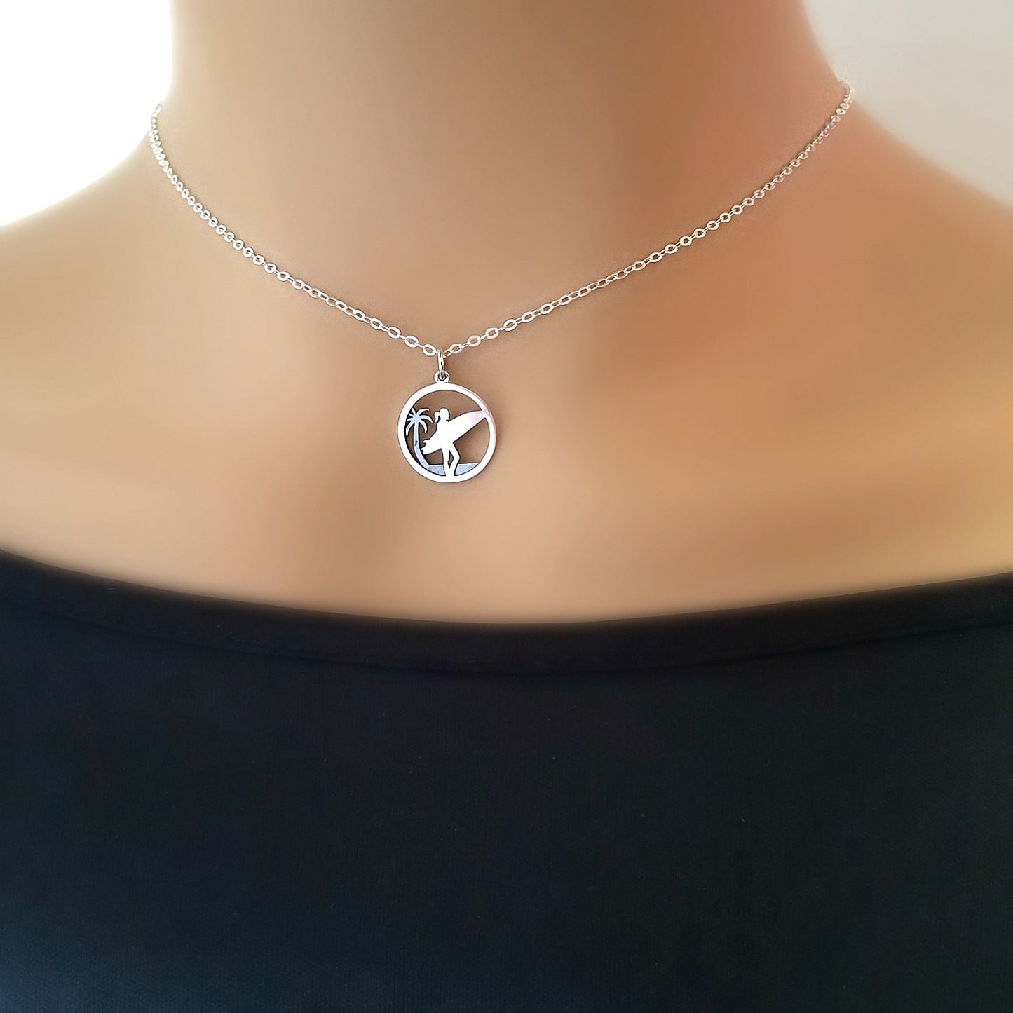 Sterling Silver Surfer Girl and Palm Tree Charm -- EF0056