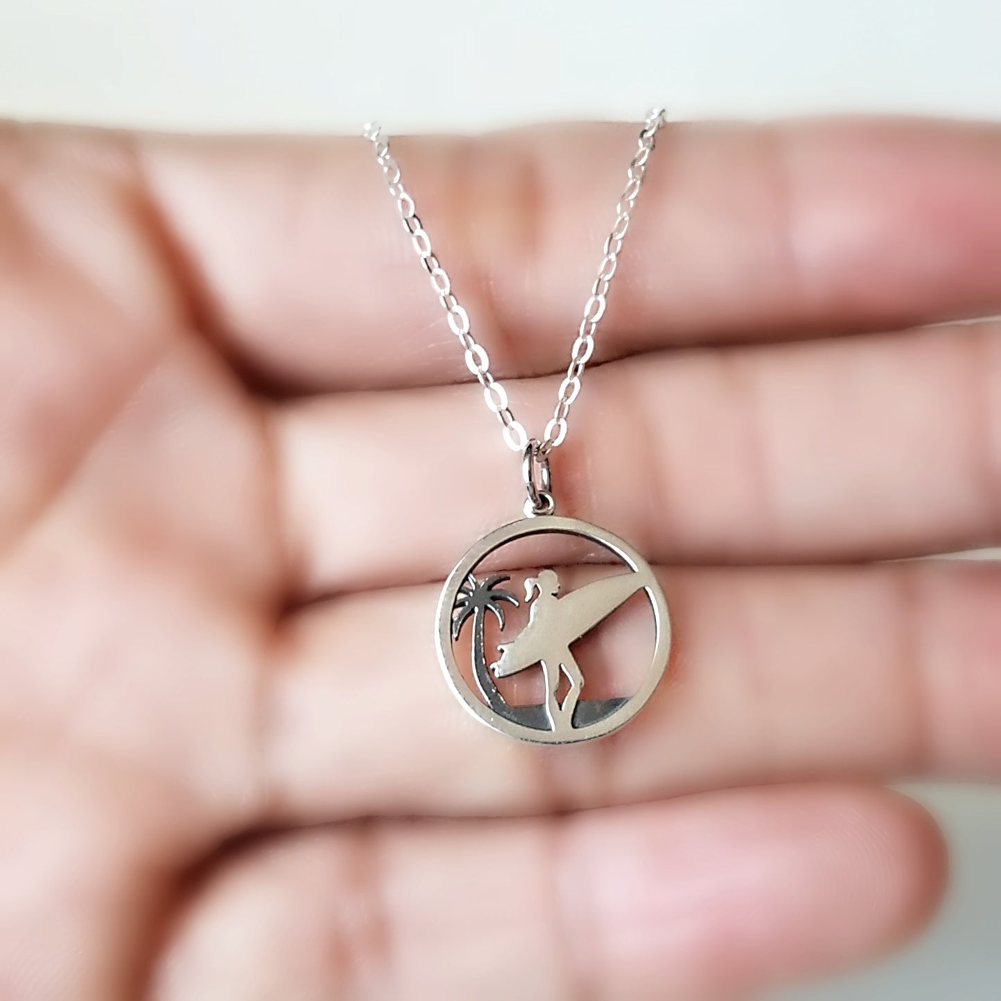 Sterling Silver Surfer Girl and Palm Tree Charm -- EF0056