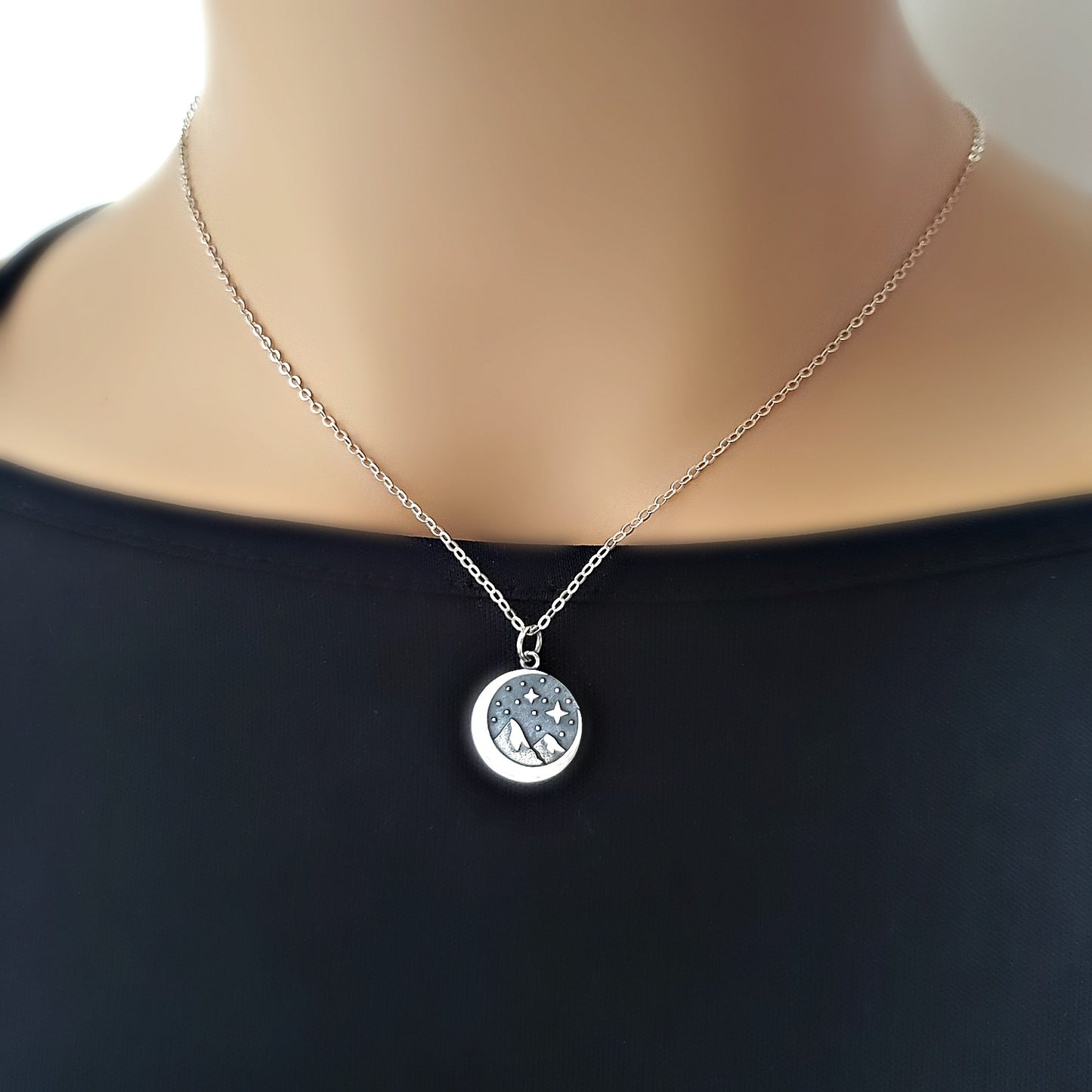 Sterling Silver Crescent Moon and Mountain Charm -- EF0067