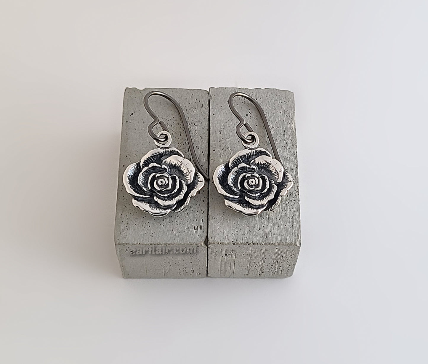 Sterling Silver Oxidized Rose Dangle Earrings -- E283