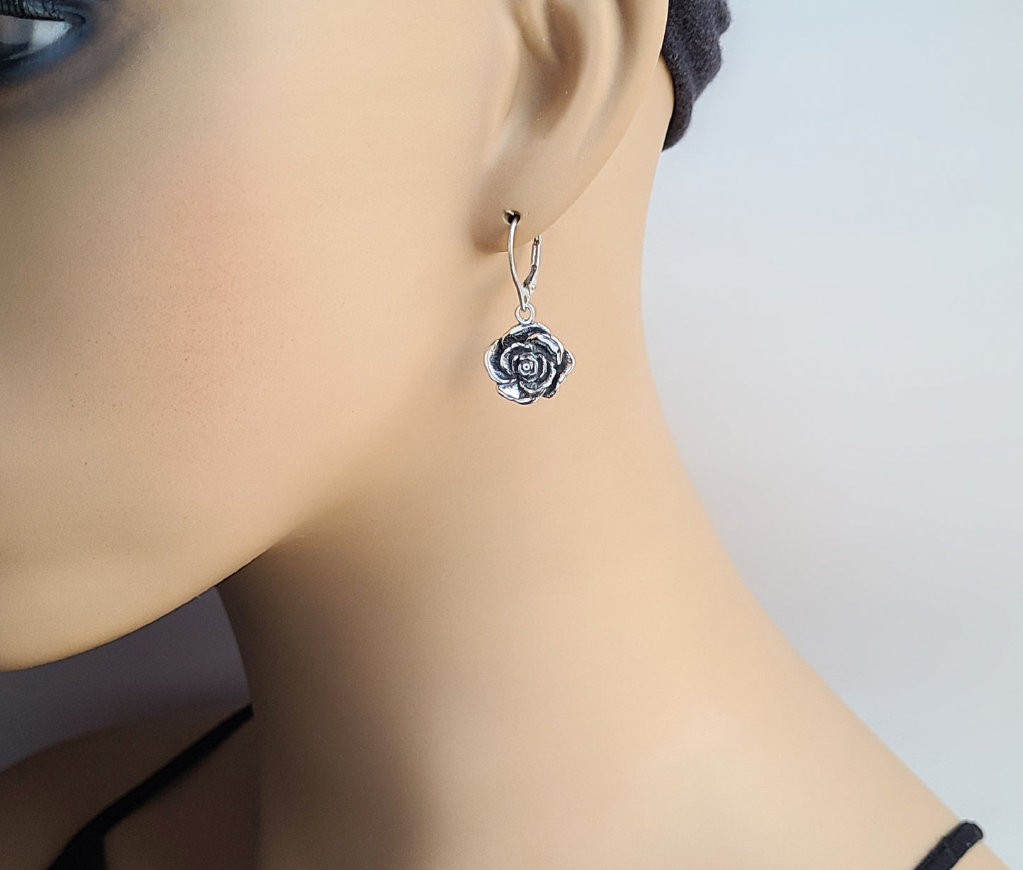Sterling Silver Oxidized Rose Dangle Earrings -- E283