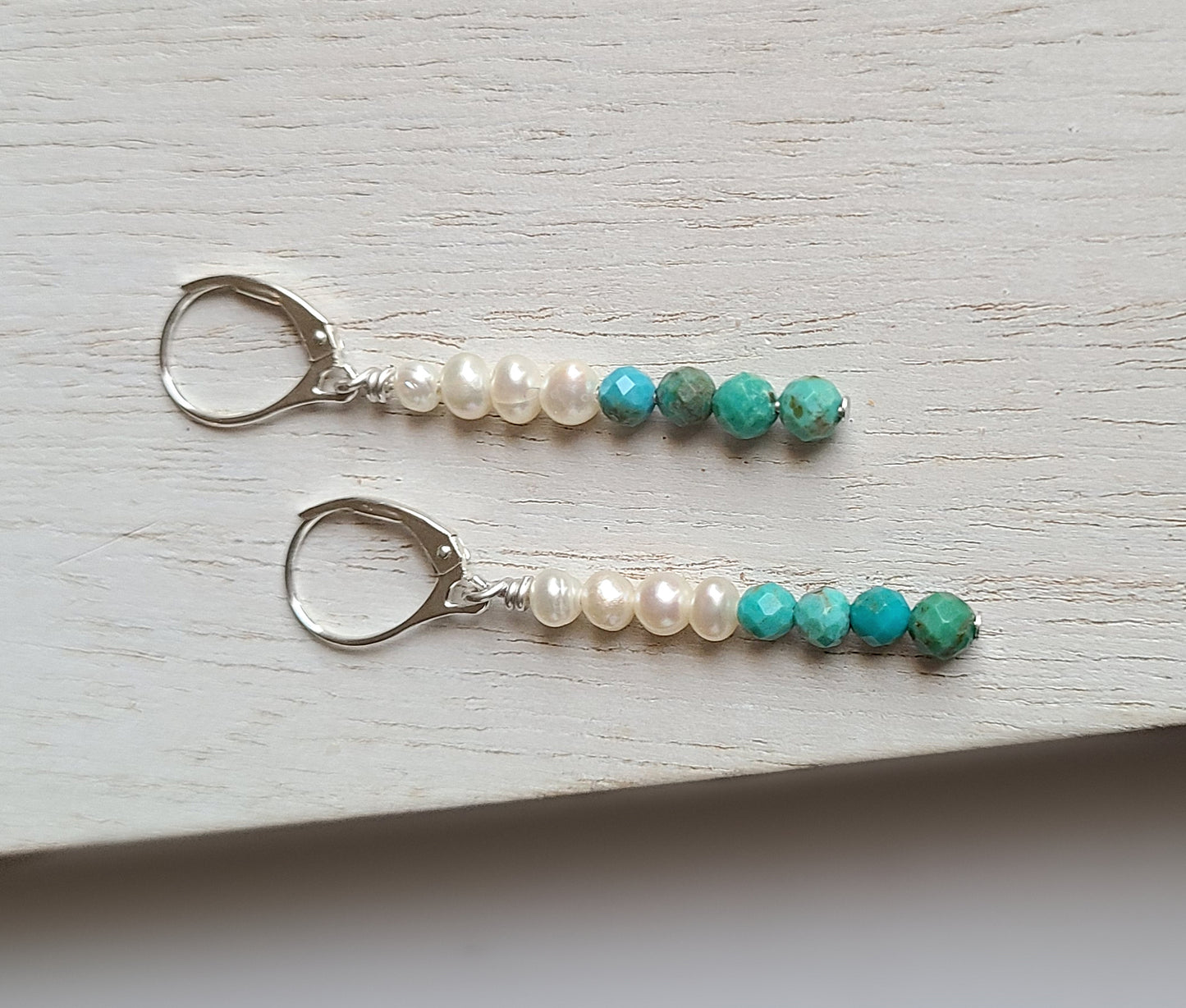 Sterling Silver Pearl & Turquoise Lever Back Earrings
