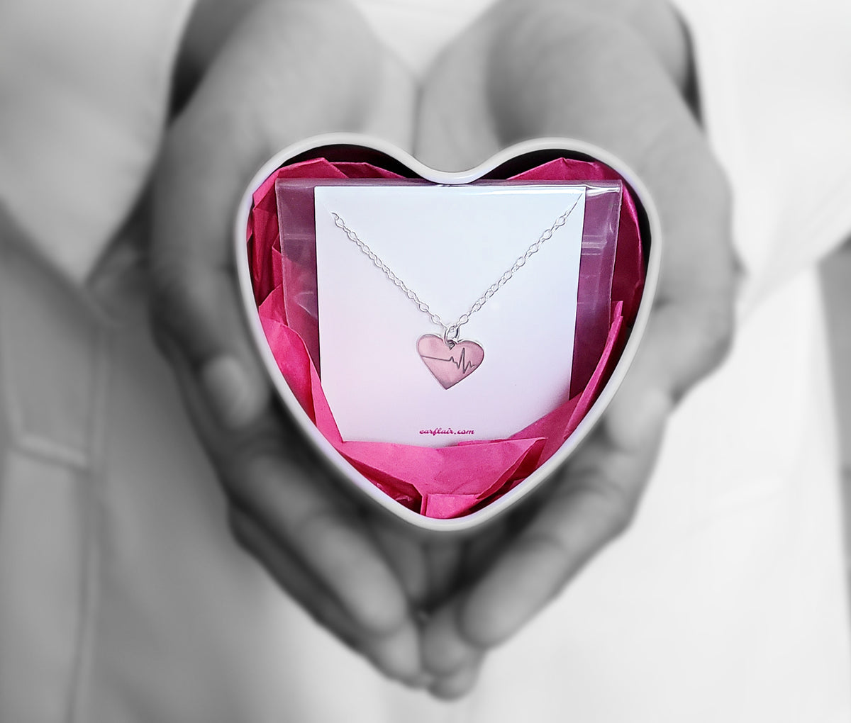 Gift idea. Dainty sterling silver heart necklace in heart shaped gift packaging.