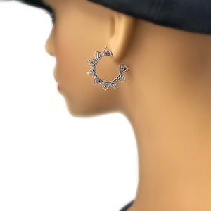Sterling Silver Lotus Flower Hoop Earrings -- EF0004