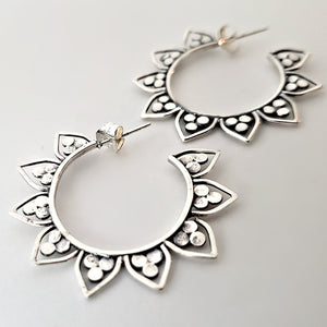 Sterling Silver Lotus Flower Hoop Earrings -- EF0004