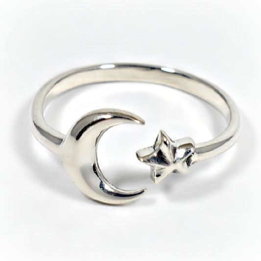 Sterling Silver Adjustable Moon and Star Ring
