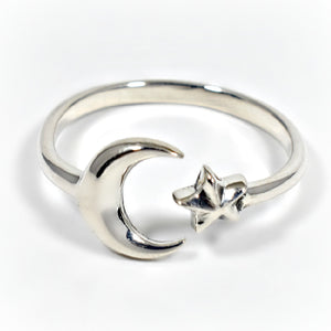 Sterling Silver Adjustable Moon and Star Ring