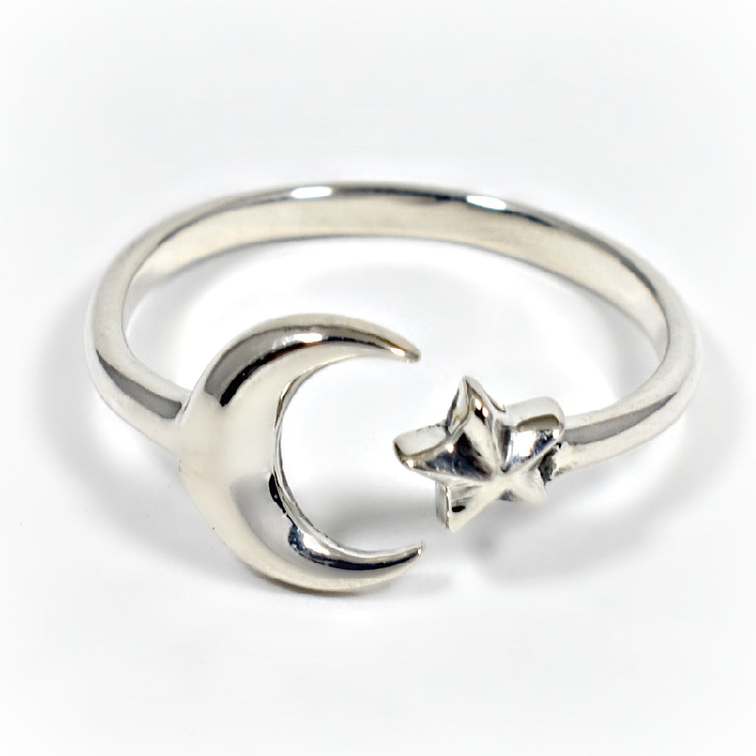 Sterling Silver Adjustable Moon and Star Ring