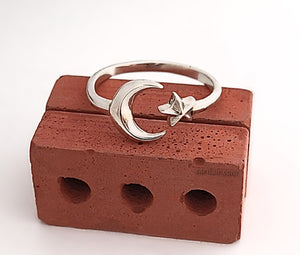 Sterling Silver Adjustable Moon and Star Ring