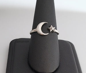Sterling Silver Adjustable Moon and Star Ring