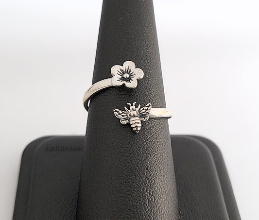 Sterling Silver Adjustable Flower and Bee Ring