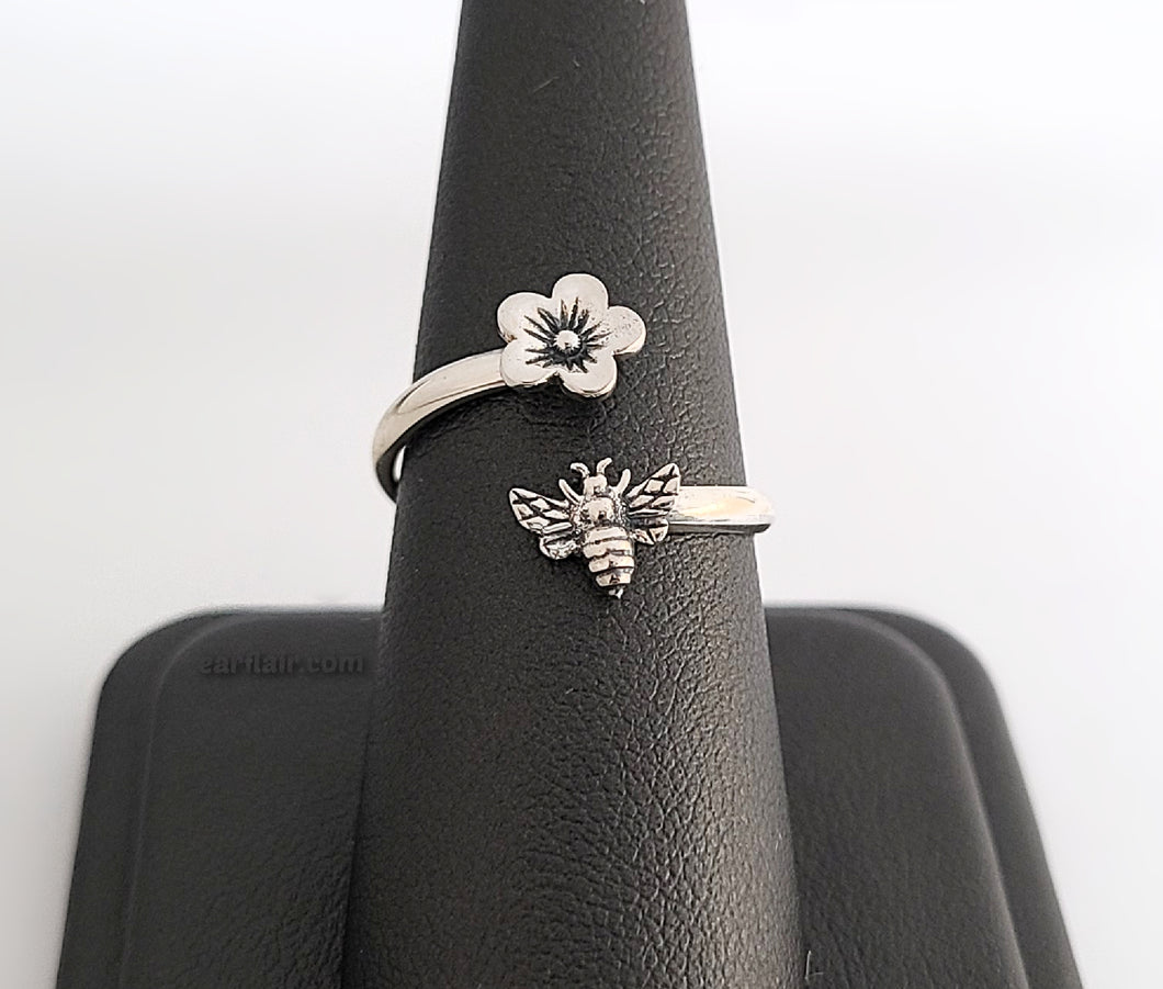 Sterling Silver Adjustable Flower and Bee Ring