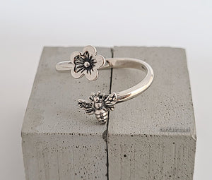 Sterling Silver Adjustable Flower and Bee Ring