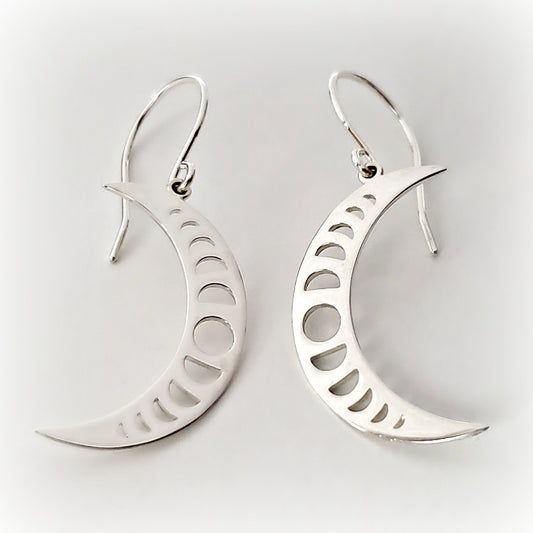 Sterling Silver Crescent Moon With Moon Phases Earrings -- EF0065