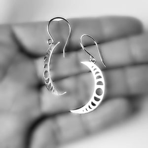 Sterling Silver Crescent Moon With Moon Phases Earrings -- EF0065