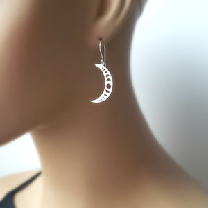 Sterling Silver Crescent Moon With Moon Phases Earrings -- EF0065