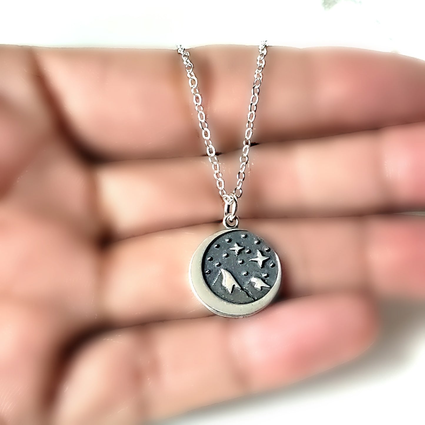 Sterling Silver Crescent Moon and Mountain Charm -- EF0067