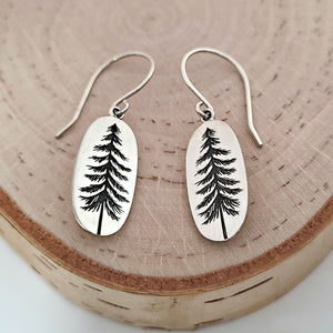 Sterling Silver Etched Pine Tree Dangle Earrings -- E262