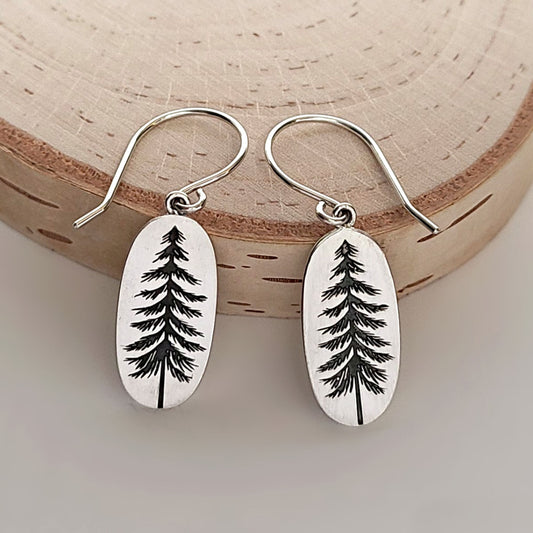 Sterling Silver Etched Pine Tree Dangle Earrings -- E262