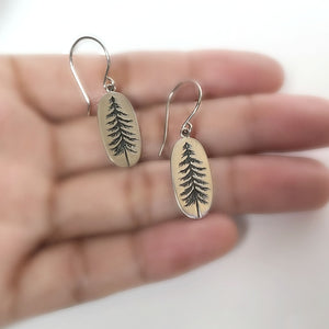 Sterling Silver Etched Pine Tree Dangle Earrings -- E262
