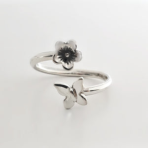 Sterling Silver Cherry Blossom and Butterfly Adjustable Ring