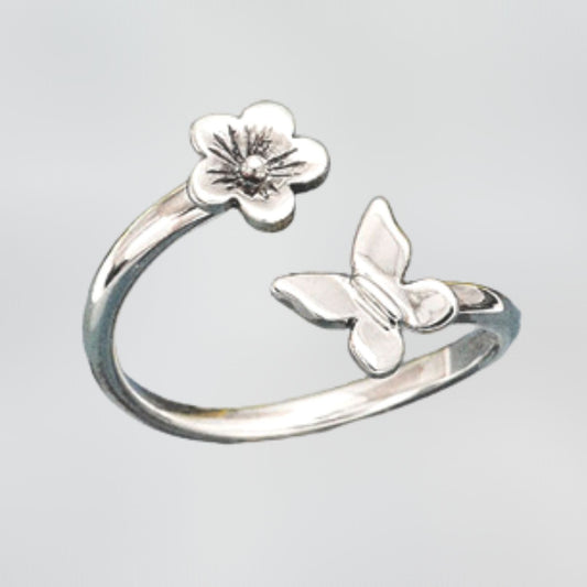 Sterling Silver Cherry Blossom and Butterfly Adjustable Ring