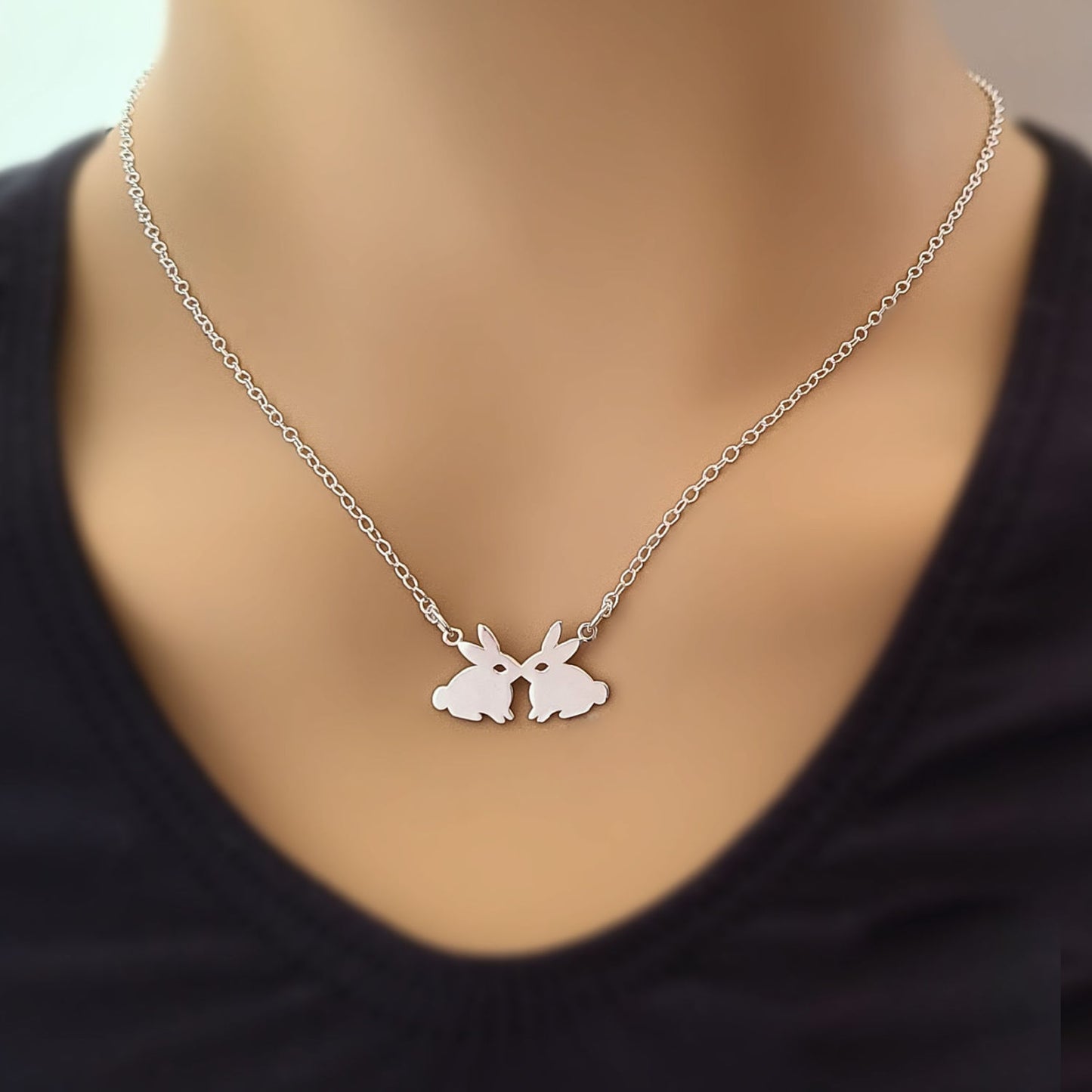 Sterling Silver Kissing Rabbits Necklace -- EF0208