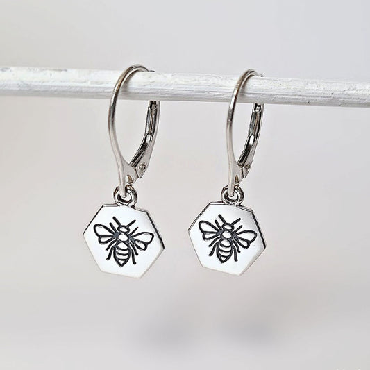 Sterling Silver Lever Back Bee Dangle Earrings -- E266