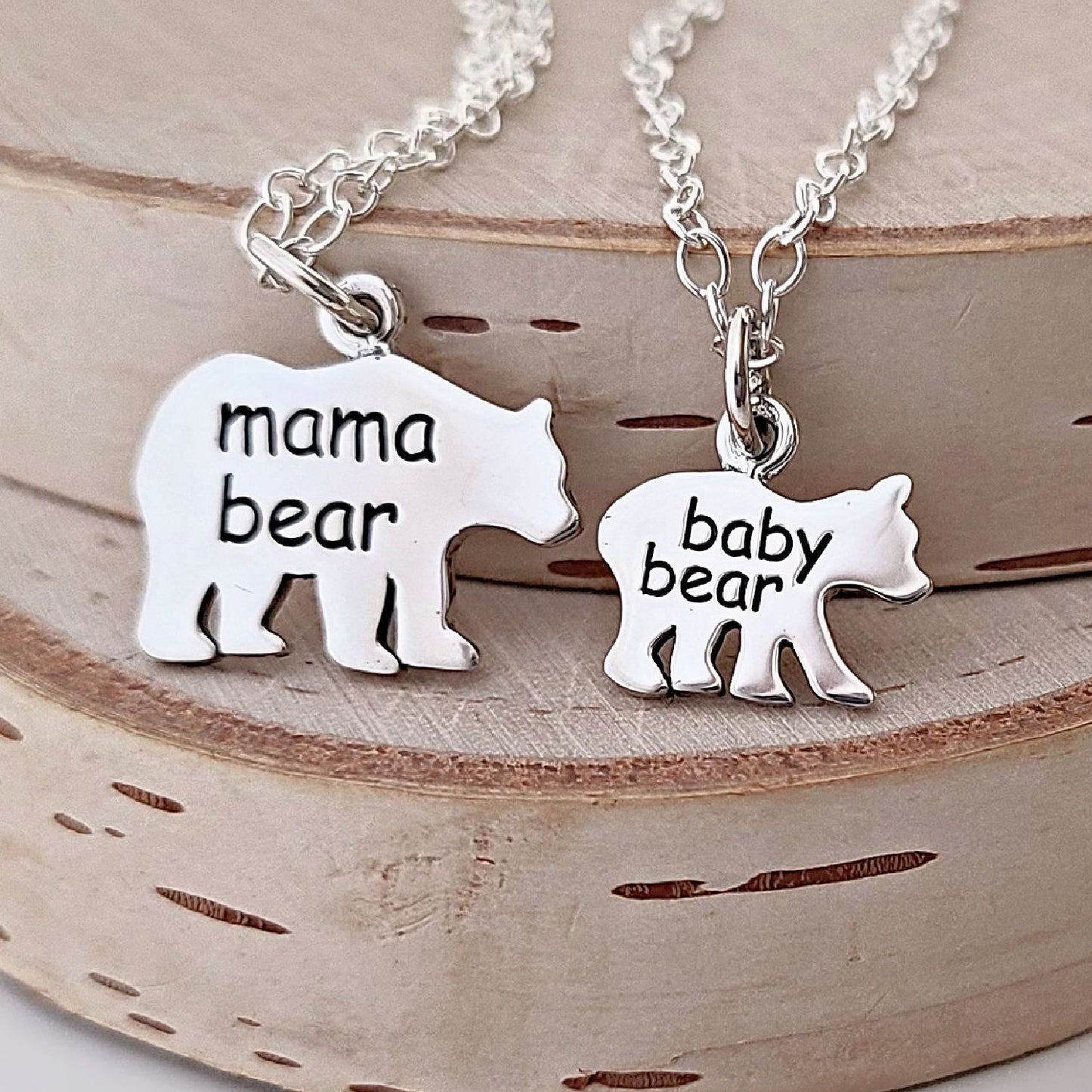 Sterling Silver Mama and Baby Bear Necklace Set -- EF0224