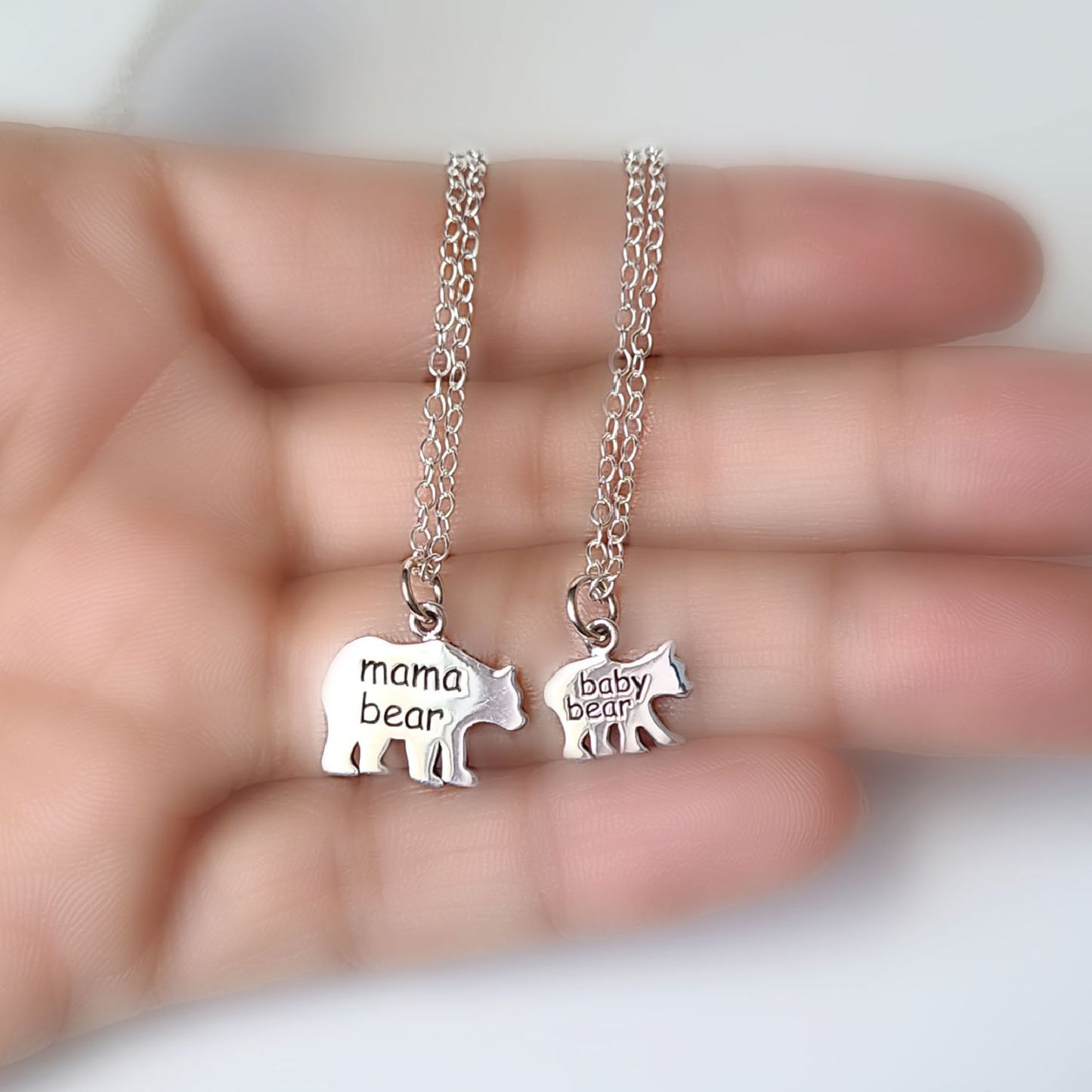 Sterling Silver Mama and Baby Bear Necklace Set -- EF0224