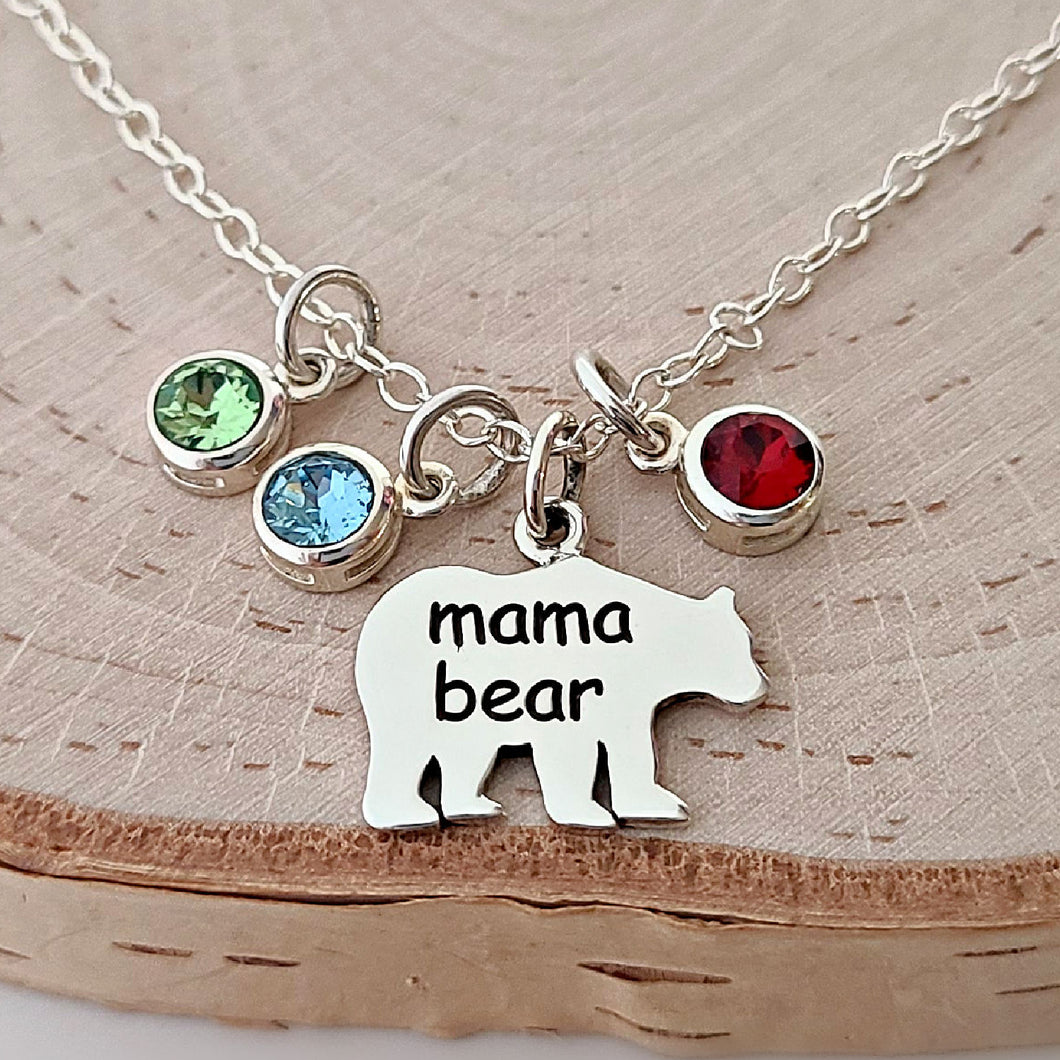 Sterling Silver Mama Bear Necklace with Birthstone Charms -- EF0227
