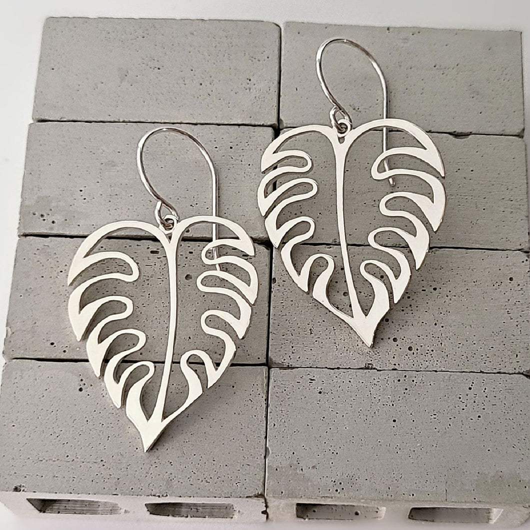 Sterling Silver Openwork Monstera Leaf Dangle Earrings -- E269