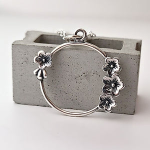 Sterling Silver Cherry Blossom Circle Charm -- EF0230