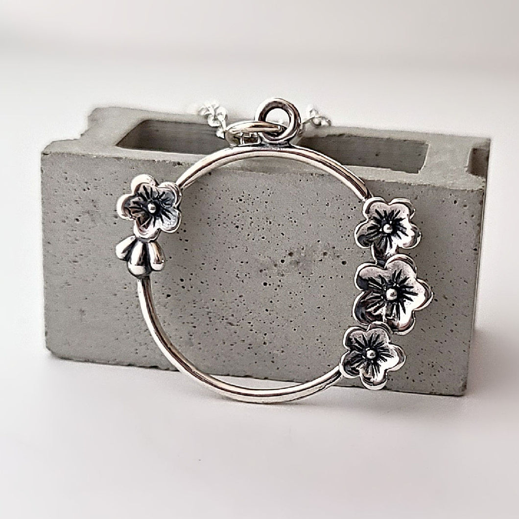 Sterling Silver Cherry Blossom Circle Charm -- EF0230