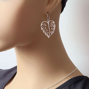 Sterling Silver Openwork Monstera Leaf Dangle Earrings -- E269