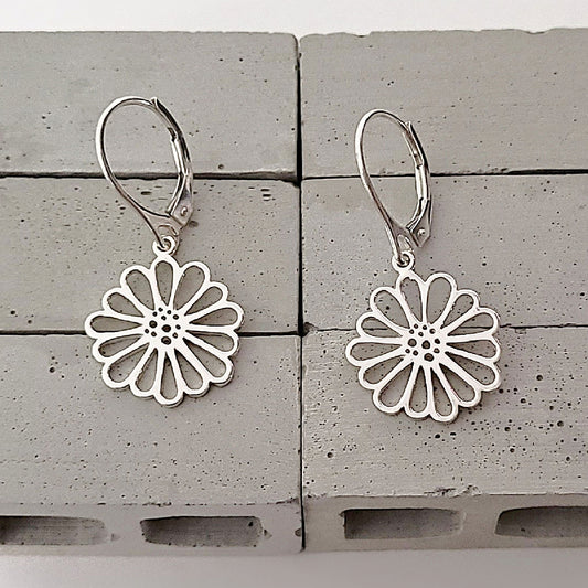 Sterling Silver Daisy Lever back Dangle Earrings -- E270