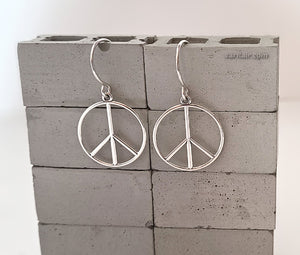 Sterling Silver Peace Sign Dangle Earrings -- E115