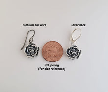 Load image into Gallery viewer, Sterling Silver Oxidized Rose Dangle Earrings -- E283
