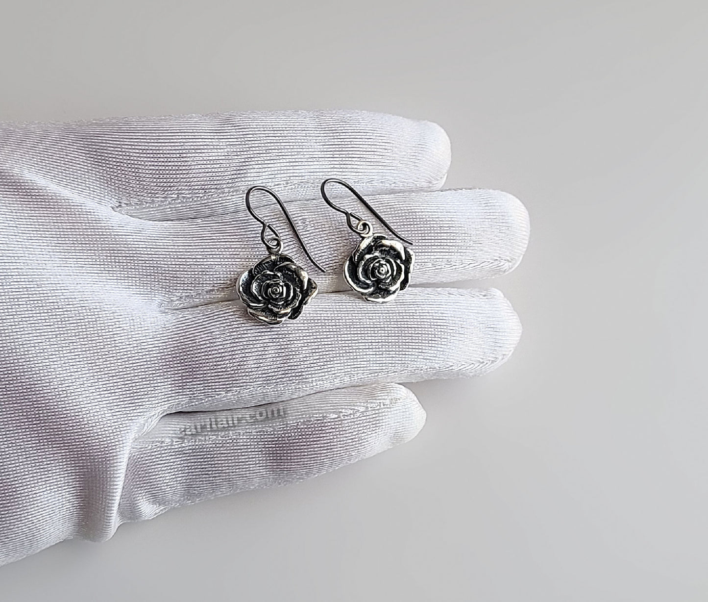 Sterling Silver Oxidized Rose Dangle Earrings -- E283