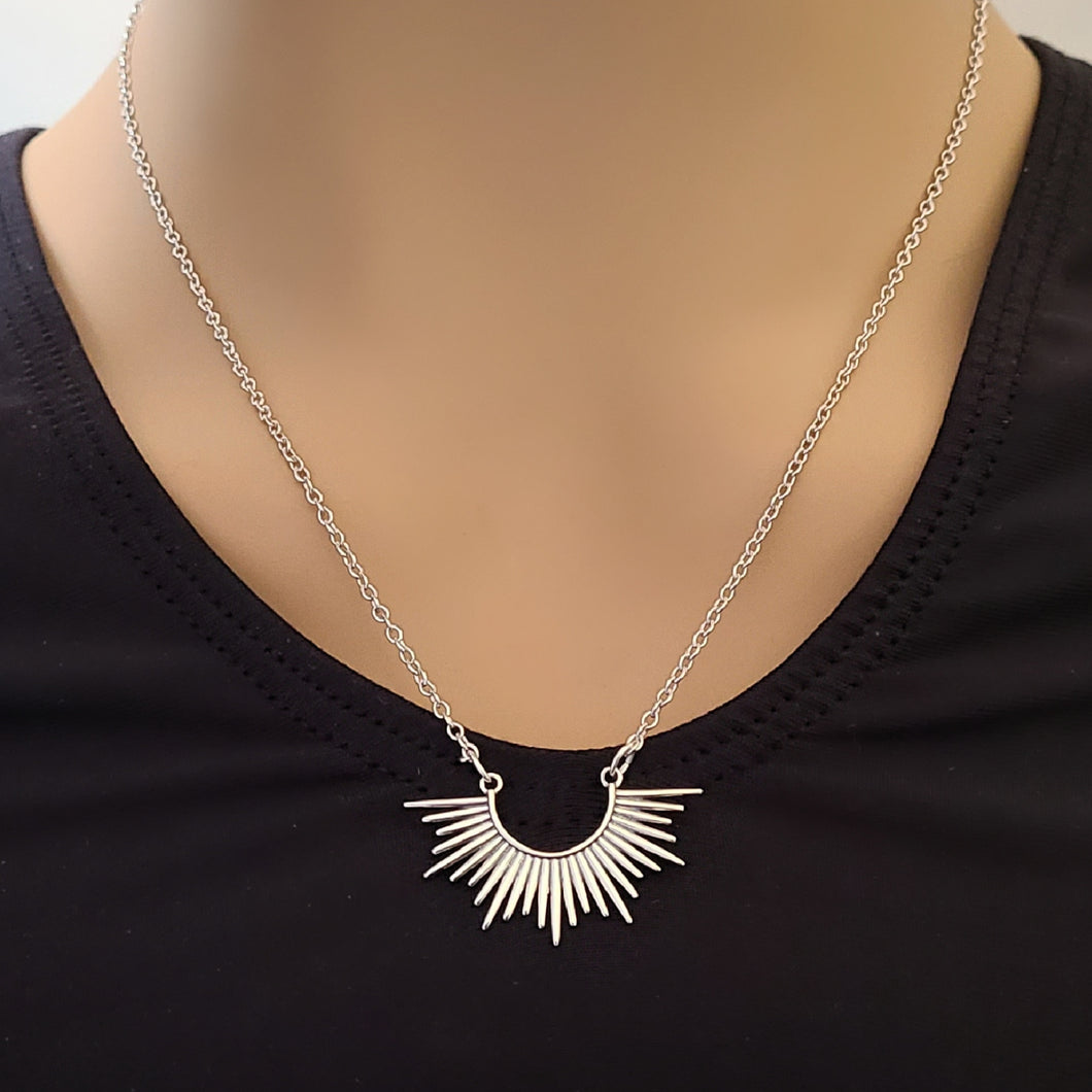 Sterling Silver Spikey Half Sunburst Necklace -- N215