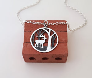 Sterling Silver Deer in Woods Charm/Necklace -- N222