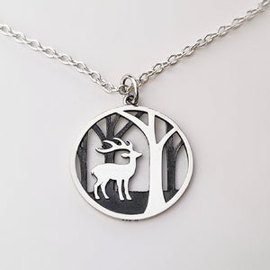 Sterling Silver Deer in Woods Charm/Necklace -- N222