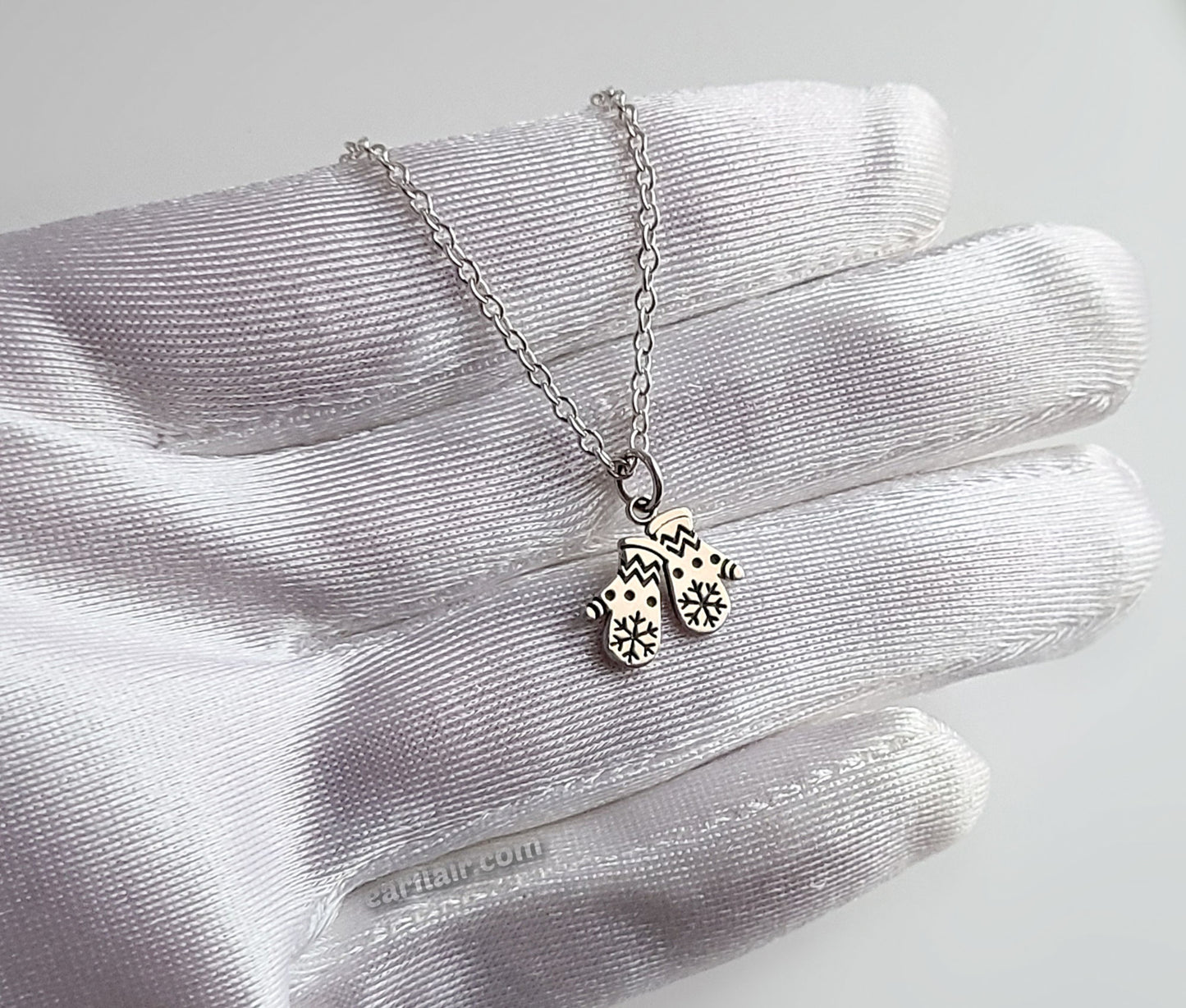 Sterling Silver Tiny Snow Mittens Charm Necklace -- N265