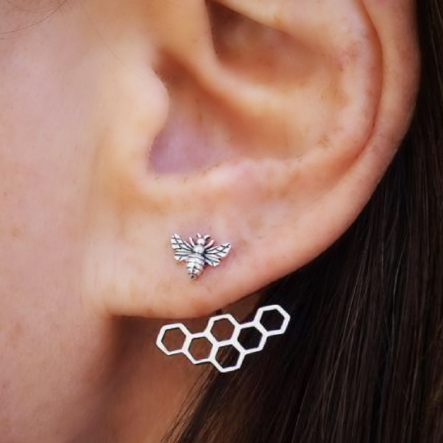 Sterling Silver Bee & Honeycomb Ear Jacket