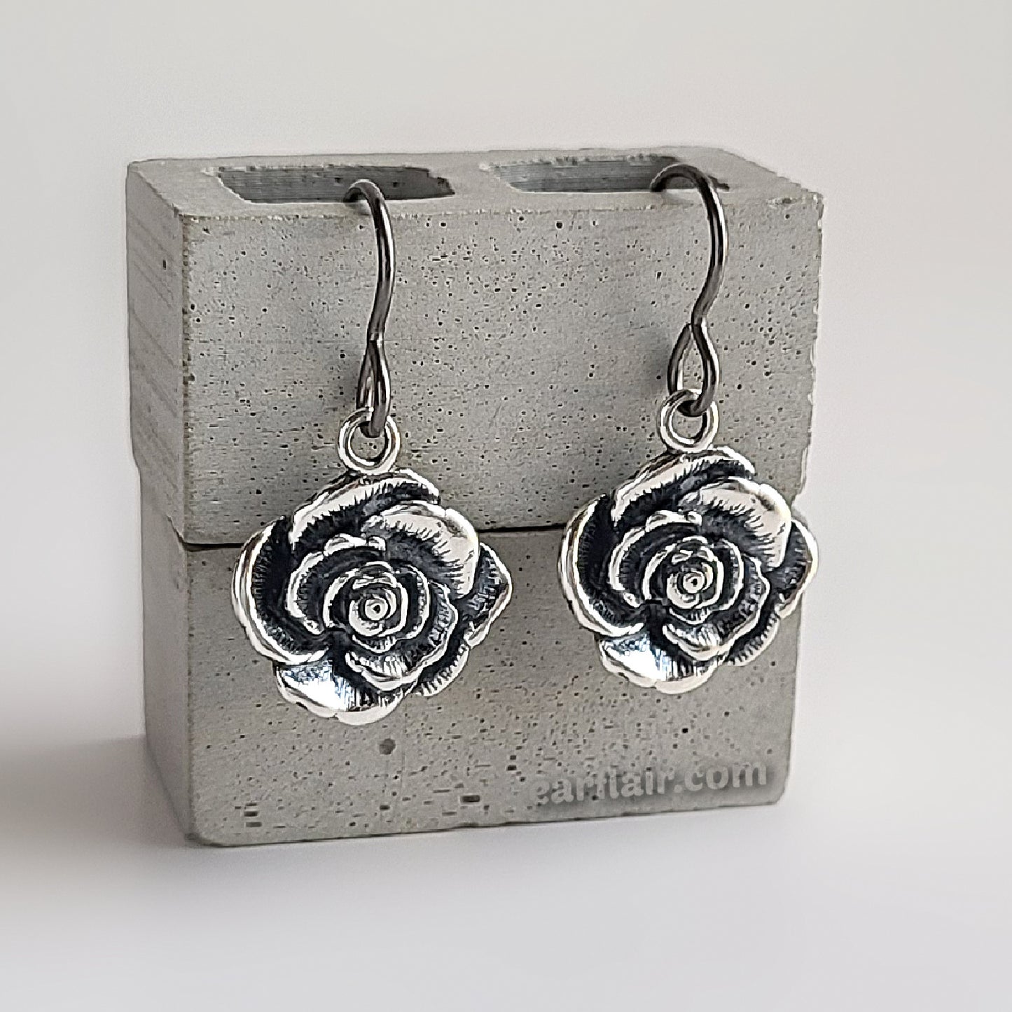 Sterling Silver Oxidized Rose Dangle Earrings -- E283