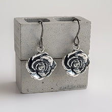 Load image into Gallery viewer, Sterling Silver Oxidized Rose Dangle Earrings -- E283
